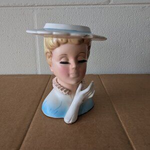 Vintage Lefton Lady Head Planter Vase Light Blue White Hat Eyelashes Glove 4071